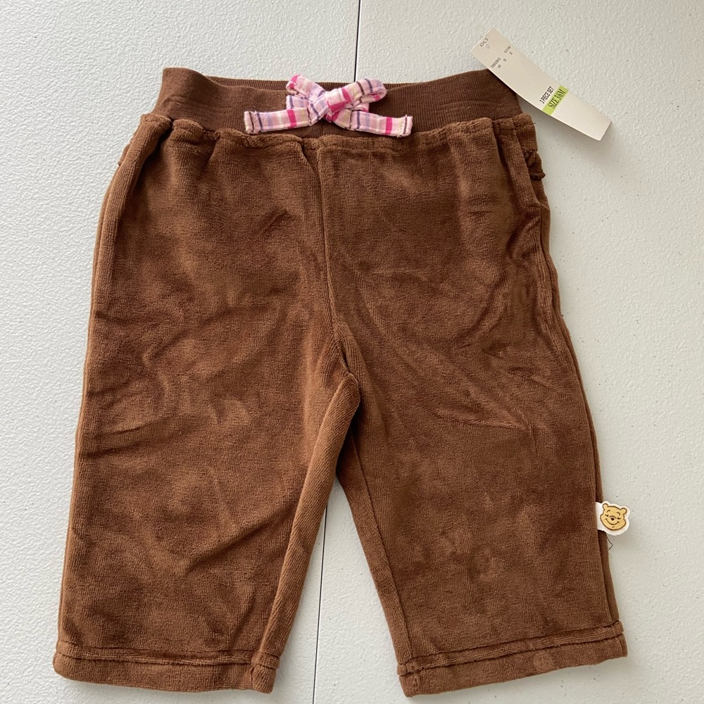 NEW Disney baby girl’s brown soft fuzzy elastic waist pants bow 3-6‎ months